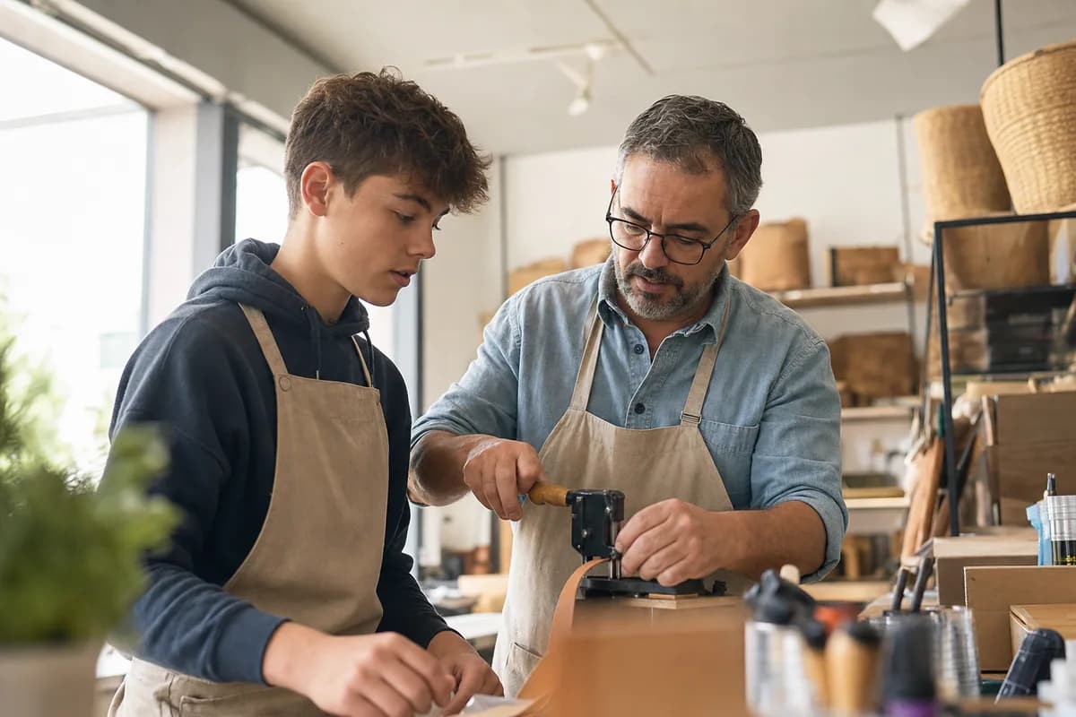 A workplace mentor and a student intern working together at a shop bench