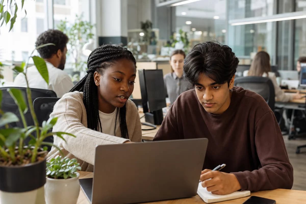 Two students collaborating during an internship