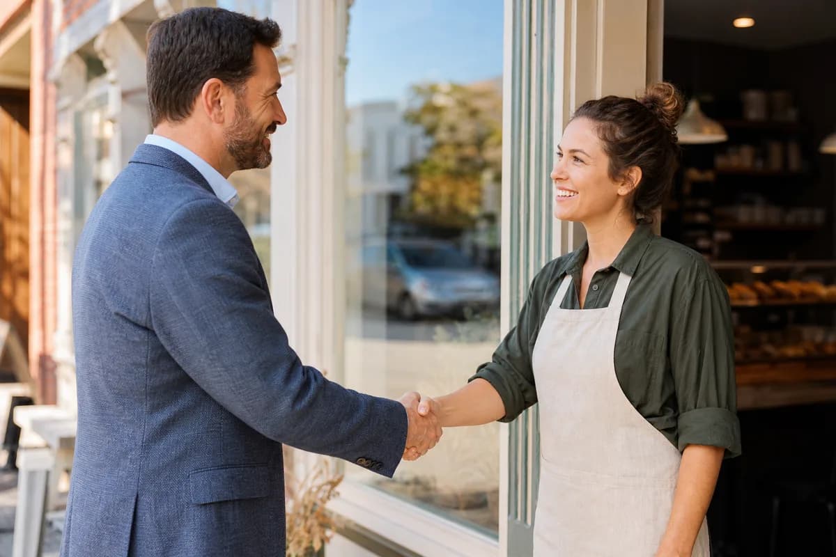 A coordinator and a student intern shaking hands at a local workplace