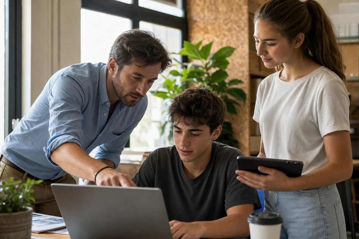 A business mentor and two student interns reviewing work together at the office